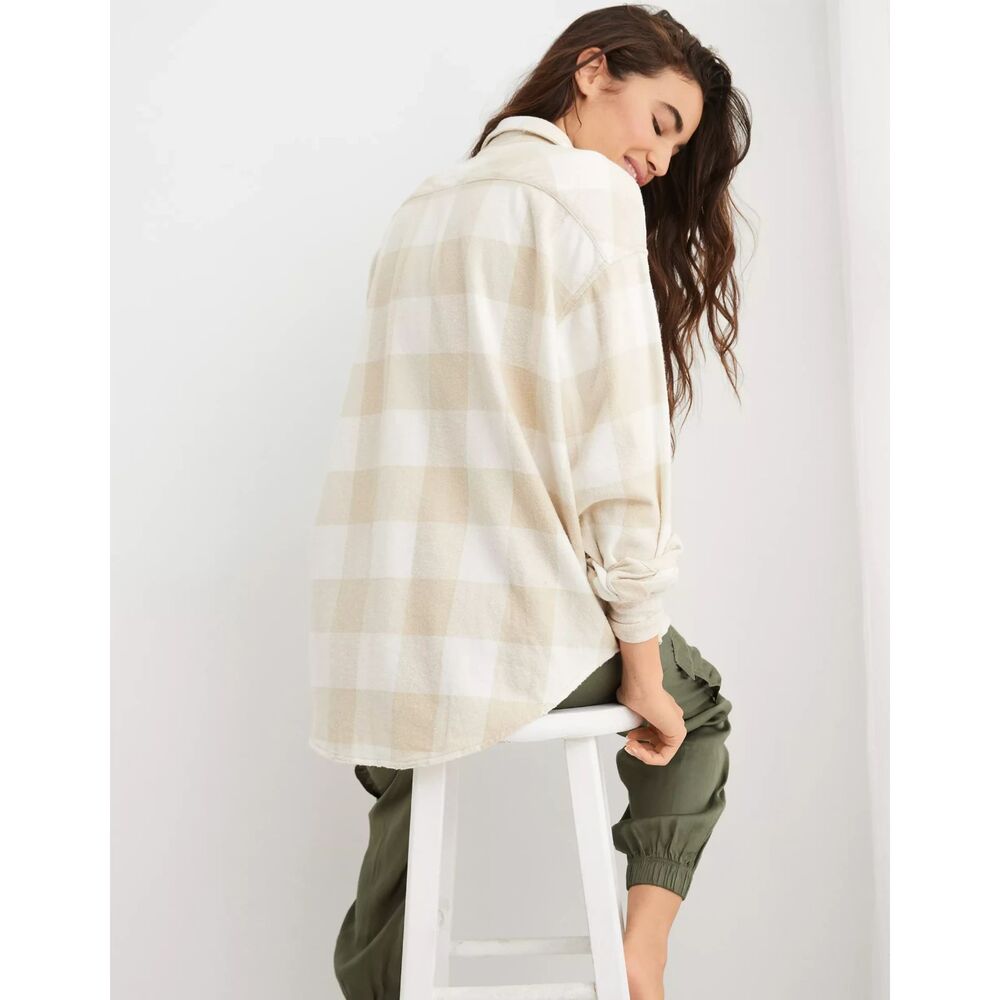 Aerie Beige Cream Plaid Oversized Flannel Shacket Button-Up Shirt Large